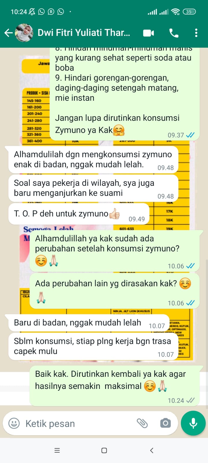 (Testimoni Badan Tidak Mudah Lelah Setelah Bekerja, sumber : tim Zymuno)