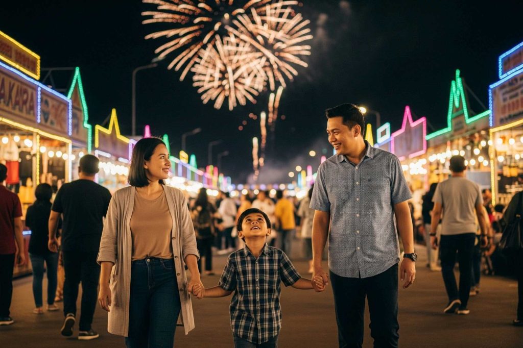 (Ilustrasi orang tua membawa si kecil ke jakarta fair, sumber : Gemini AI)