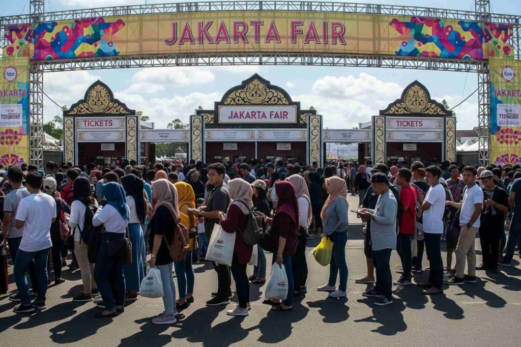 (Ilustrasi segerombolan orang sedang mengantre tiket ke Jakarta Fair, sumber : Gemini AI)