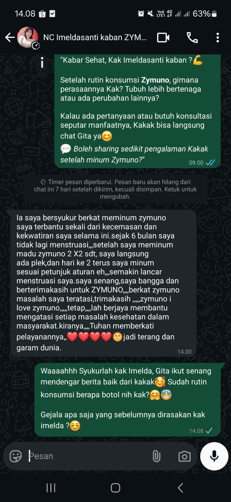(Testimoni Kak Imelda yang mengalami 6 bulan tidak haid dan atasi permasalahan dengan konsumsi Zymuno, sumber : tim Zymuno)
