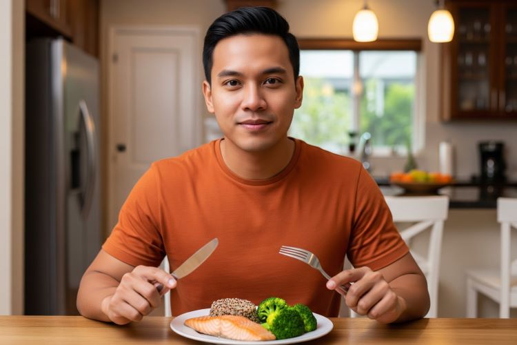(Ilustrasi seseorang konsumsi makanan yang bergizi, Sumber: AI Google Gemini)