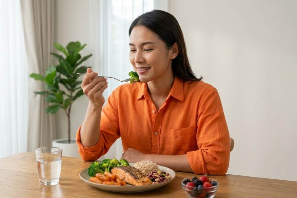 (Ilustrasi seseorang melakukan mengonsumsi makanan bergizi untuk menjaga kesehatan peranakan, Sumber: AI Google Gemini)