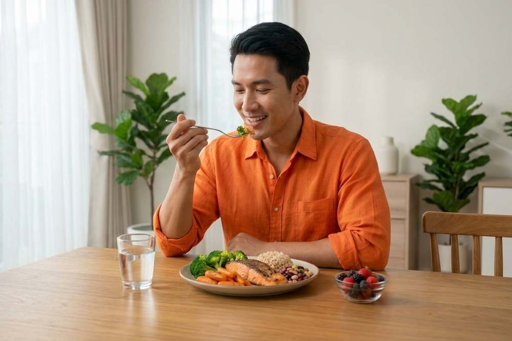 (Ilustrasi seseorang mengonsumsi makanan bergizi untuk menjaga kondisi tubuh, Sumber: AI Google Gemini)