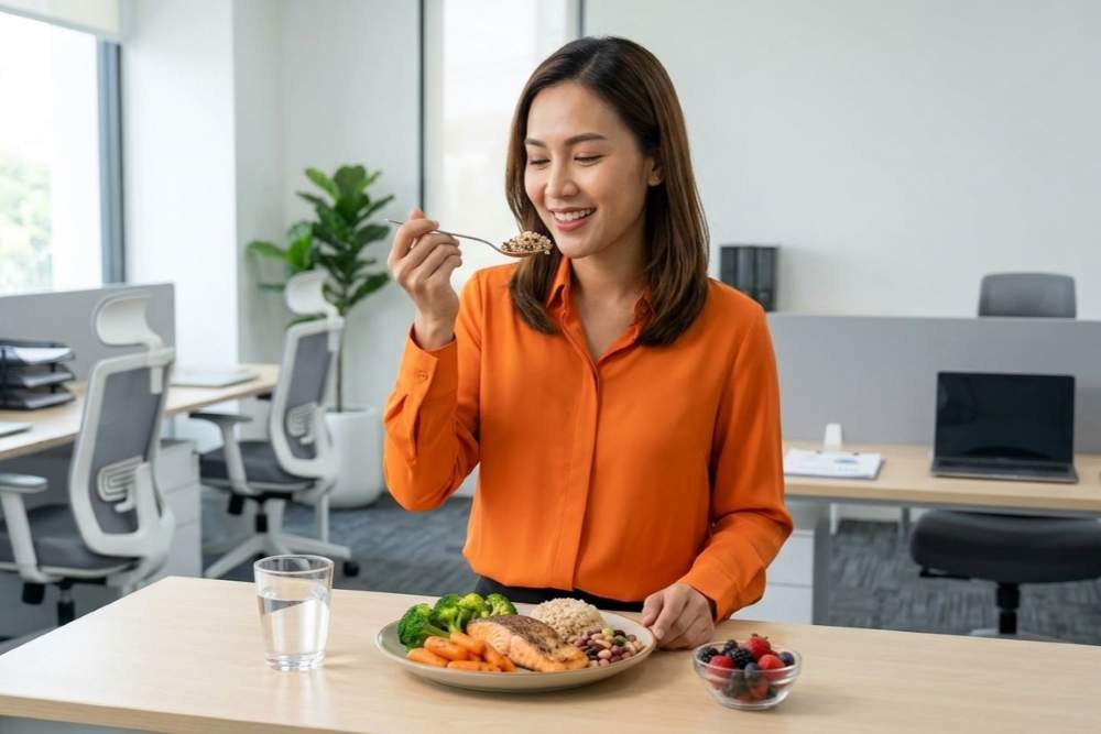 (Ilustrasi seseorang mengonsumsi makanan seimbang, Sumber: AI Google Gemini)
